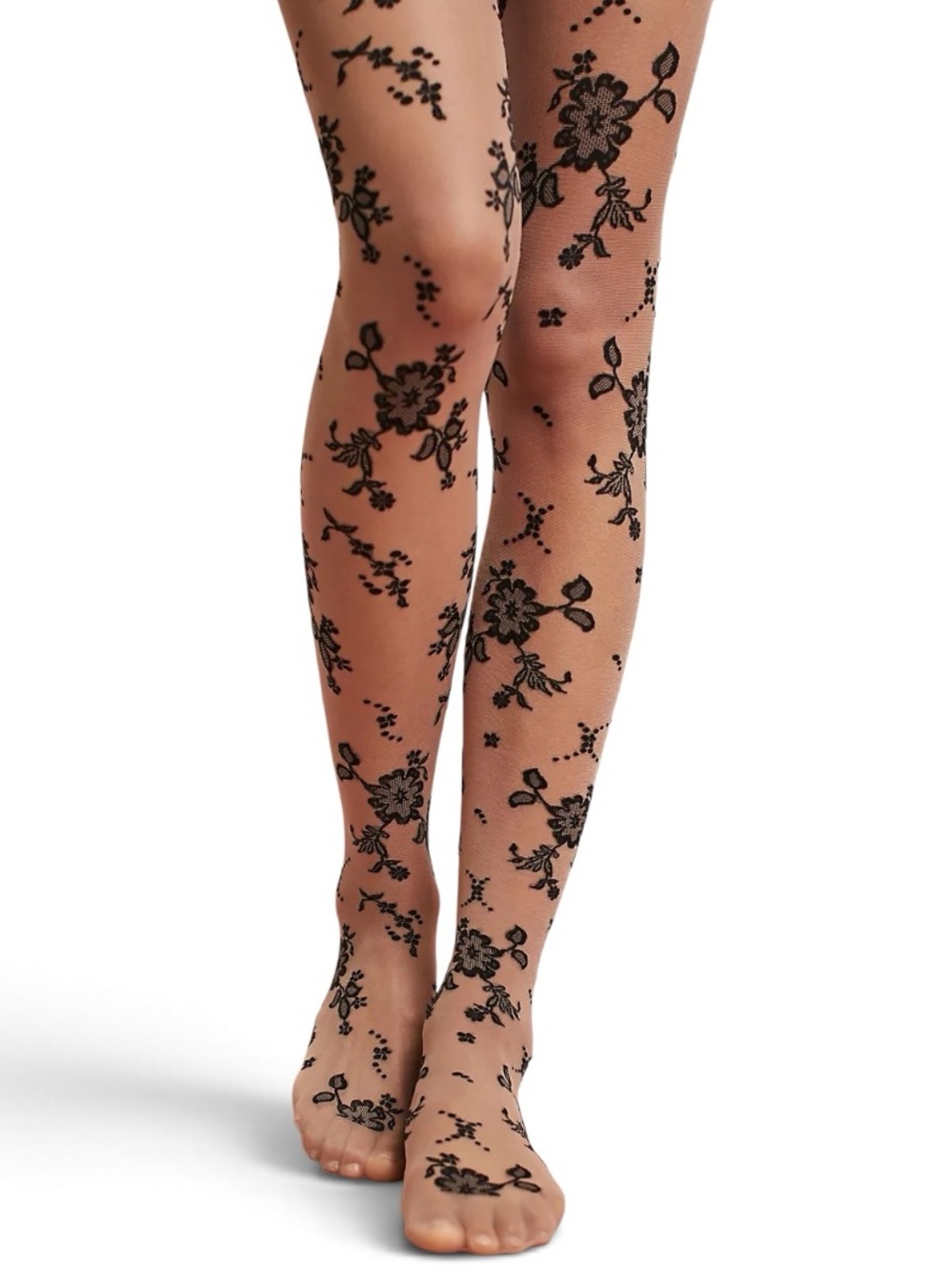 ANTHROPOLOGIE Nude Black Floral Lace Sheer Tights